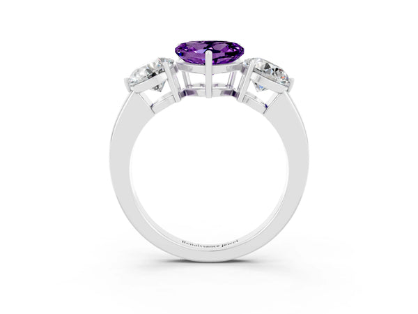 Silver Heart Cut Amethyst Three-Stone Ring with Prong Setting and Classic Band