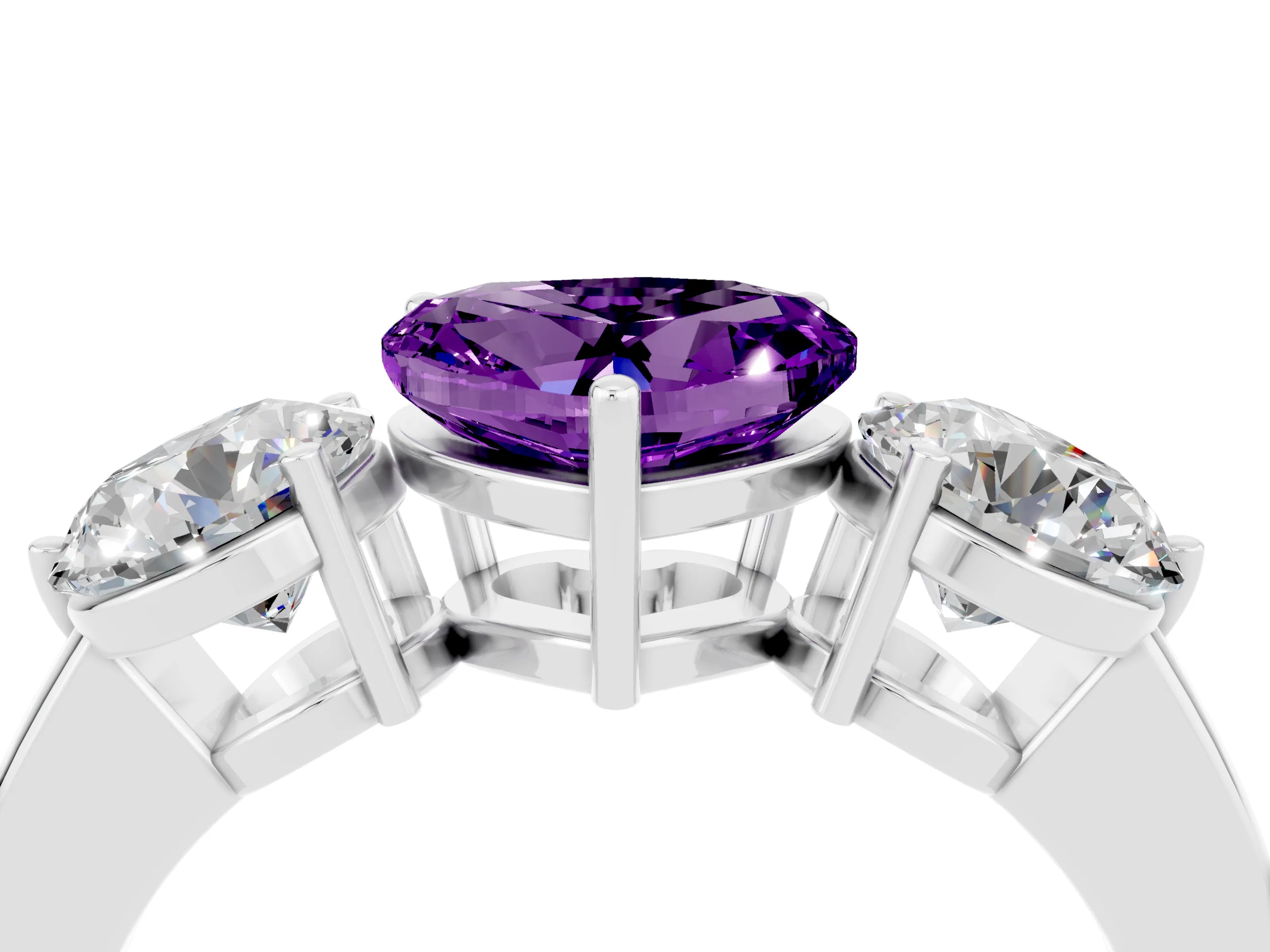 White gold Heart Cut Amethyst Three-Stone Ring with Prong Setting and Classic Band_4
