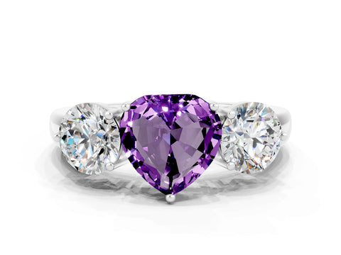 White gold Heart Cut Amethyst Three-Stone Ring with Prong Setting and Classic Band