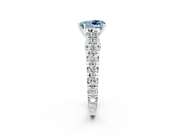 Silver Heart Cut Aquamarine Classic Solitaire Ring with Pavé Band and Four-Prong Setting