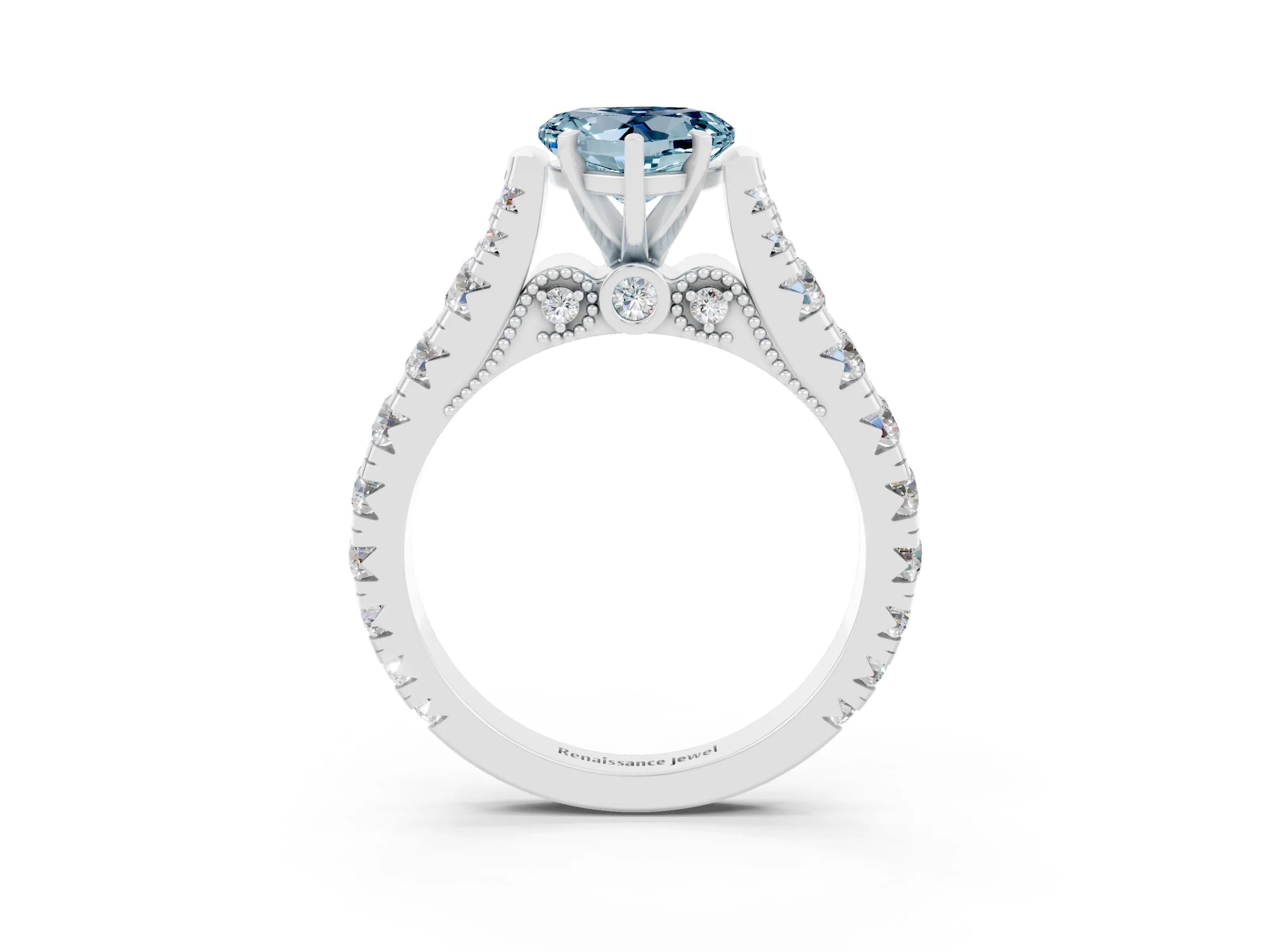 White gold Heart Cut Aquamarine Classic Solitaire Ring with Pavé Band and Four-Prong Setting_3