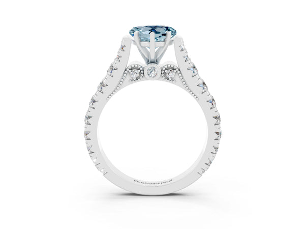 White gold Heart Cut Aquamarine Classic Solitaire Ring with Pavé Band and Four-Prong Setting