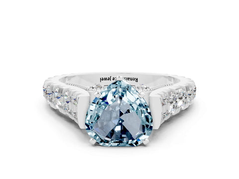 White gold Heart Cut Aquamarine Classic Solitaire Ring with Pavé Band and Four-Prong Setting