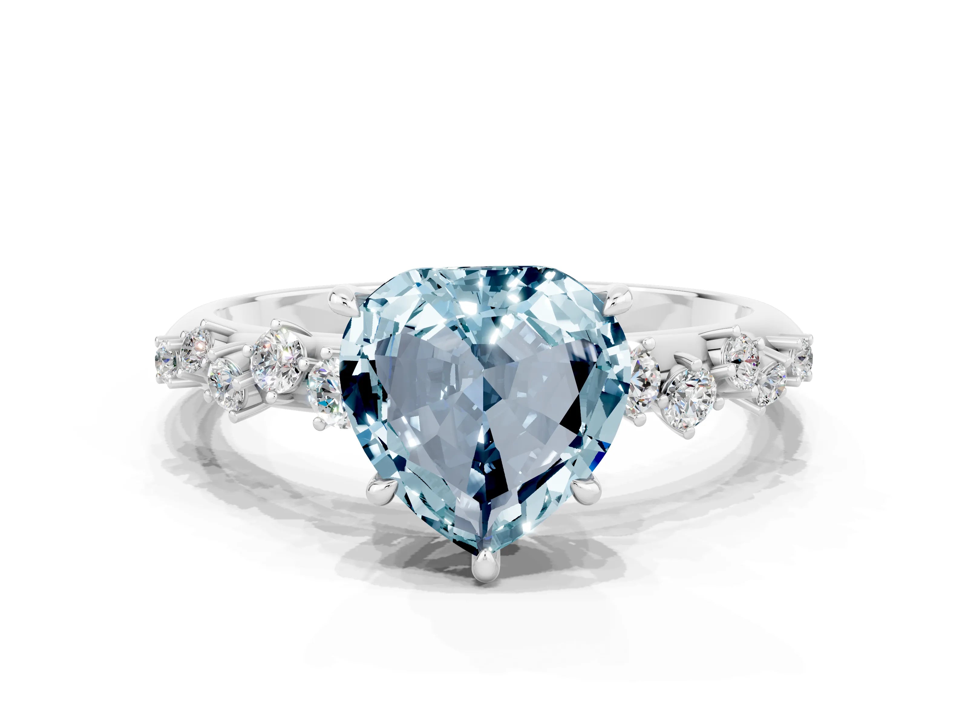 White gold Heart Cut Aquamarine Cluster Side Stone Solitaire Ring with Prong Setting_24