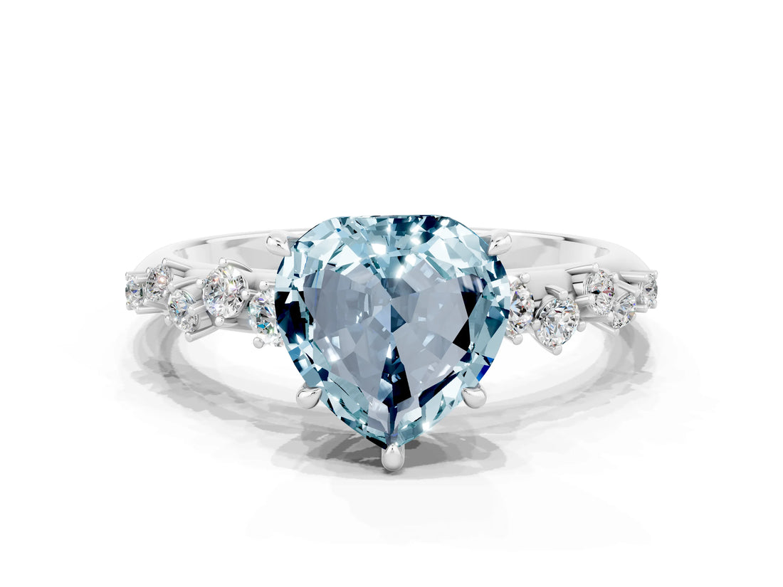 White gold Heart Cut Aquamarine Cluster Side Stone Solitaire Ring with Prong Setting_24