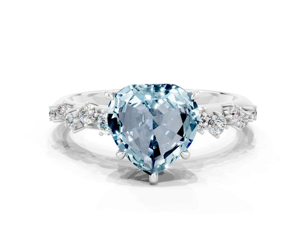 Silver Heart Cut Aquamarine Cluster Side Stone Solitaire Ring with Prong Setting