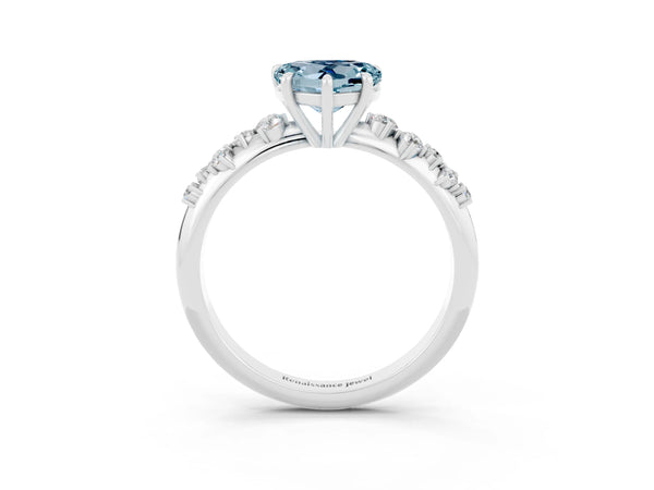 Silver Heart Cut Aquamarine Cluster Side Stone Solitaire Ring with Prong Setting