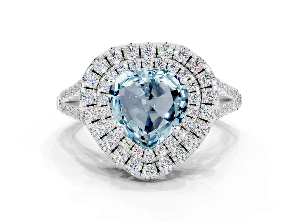 Platinum Heart Cut Aquamarine Double Halo Ring with Pavé Band and Prong Setting
