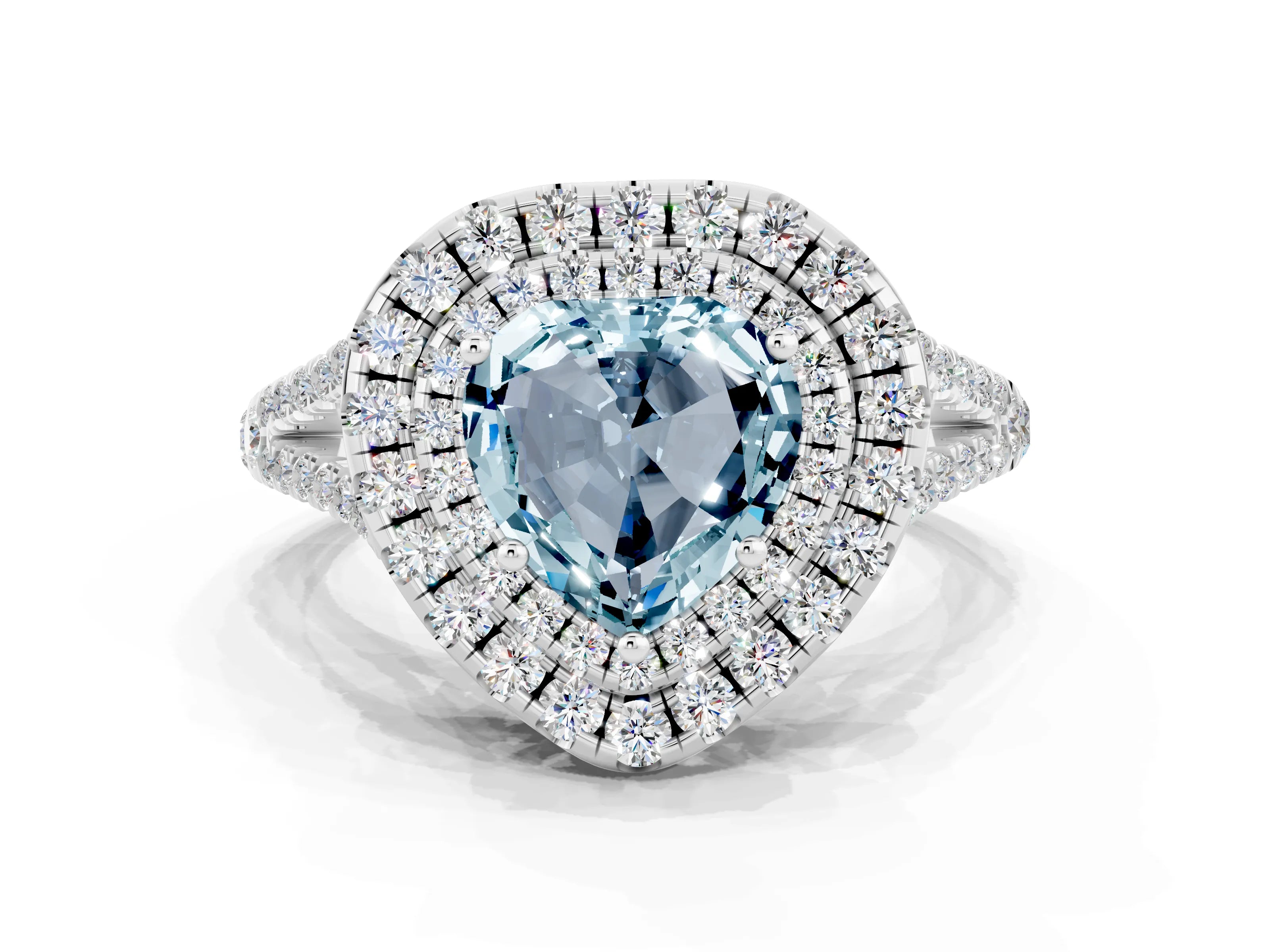 White gold Heart Cut Aquamarine Double Halo Ring with Pavé Band and Prong Setting_12