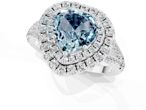 White gold Heart Cut Aquamarine Double Halo Ring with Pavé Band and Prong Setting_13