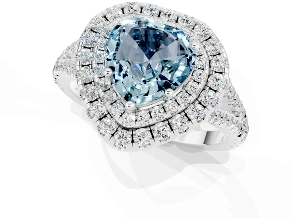 Silver Heart Cut Aquamarine Double Halo Ring with Pavé Band and Prong Setting