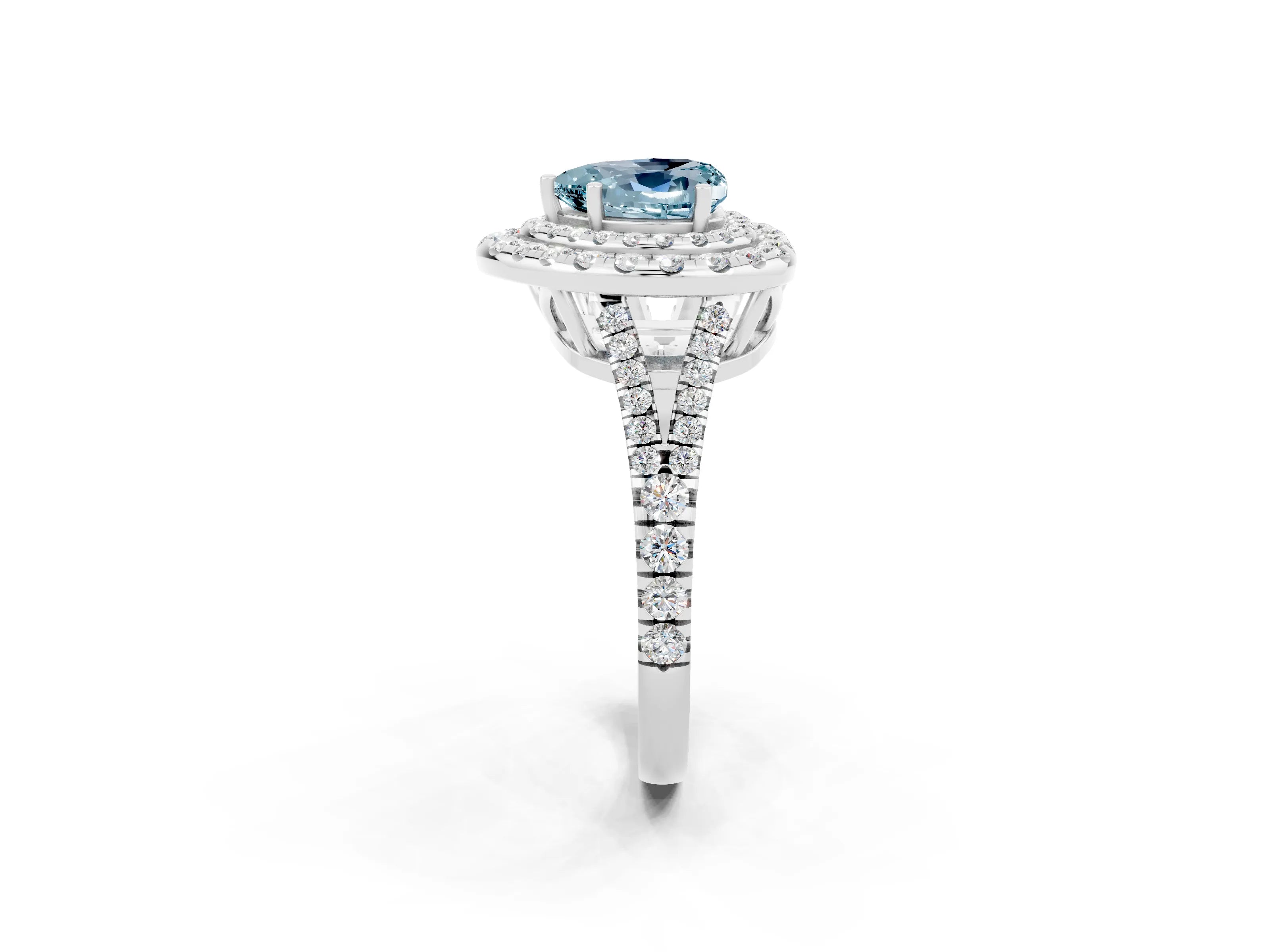 White gold Heart Cut Aquamarine Double Halo Ring with Pavé Band and Prong Setting_14