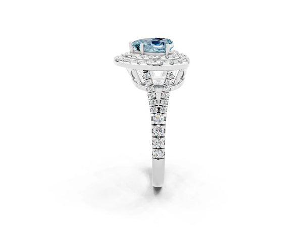 White gold Heart Cut Aquamarine Double Halo Ring with Pavé Band and Prong Setting