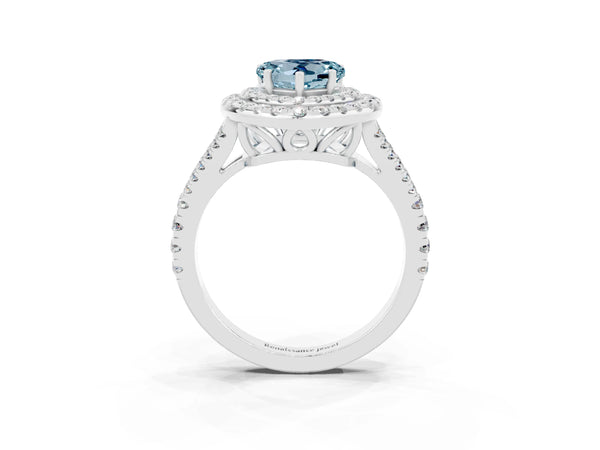 Platinum Heart Cut Aquamarine Double Halo Ring with Pavé Band and Prong Setting