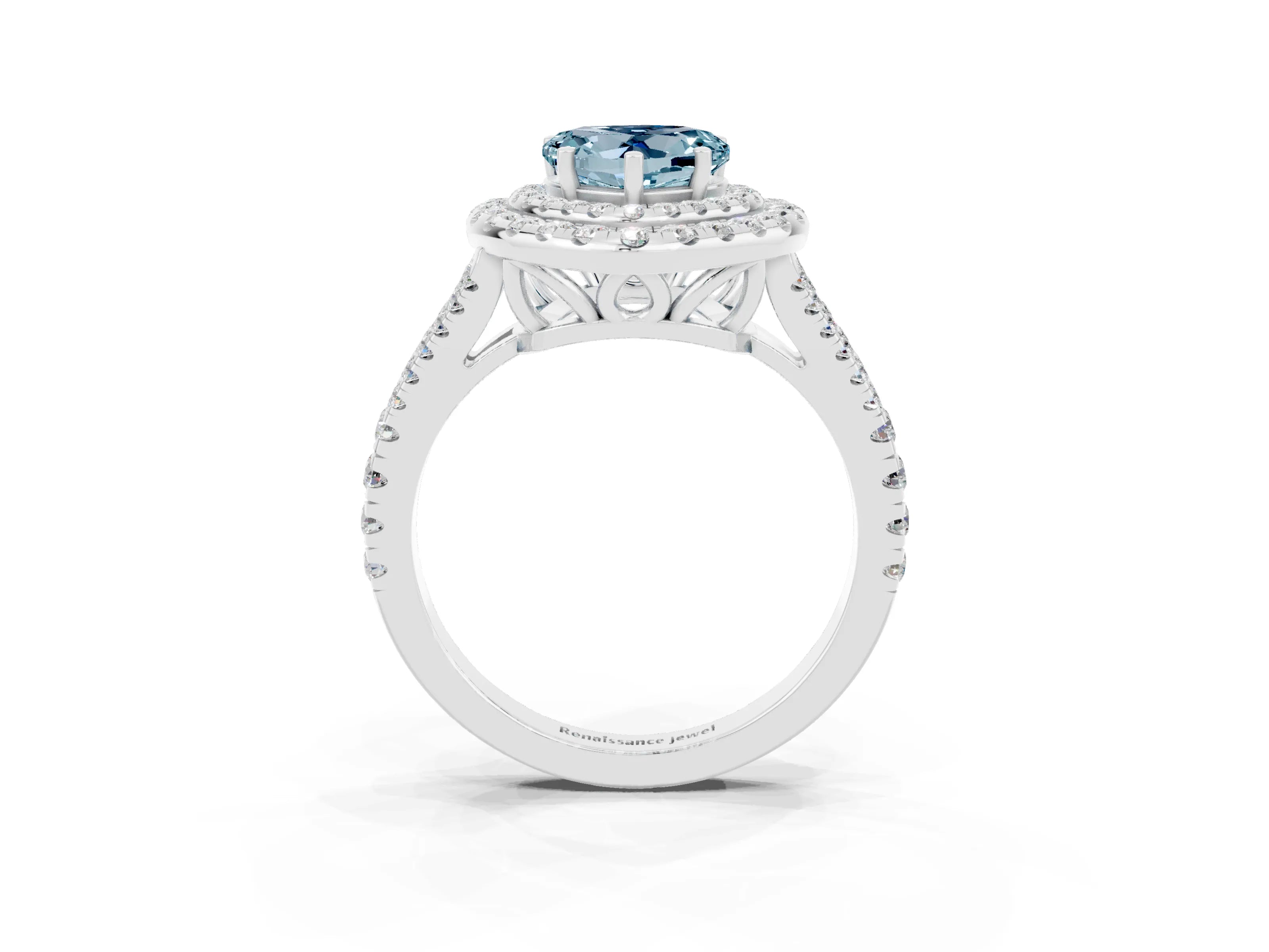 White gold Heart Cut Aquamarine Double Halo Ring with Pavé Band and Prong Setting_15