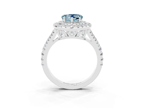 White gold Heart Cut Aquamarine Double Halo Ring with Pavé Band and Prong Setting_15