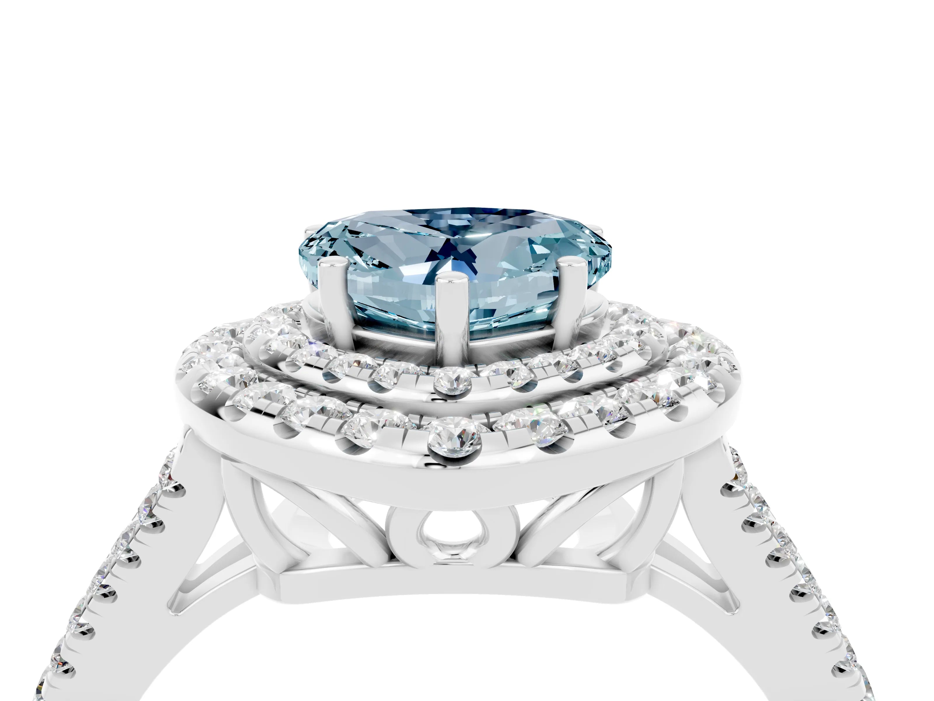 White gold Heart Cut Aquamarine Double Halo Ring with Pavé Band and Prong Setting_16