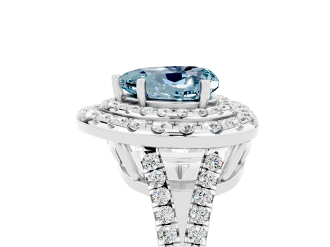 White gold Heart Cut Aquamarine Double Halo Ring with Pavé Band and Prong Setting_17