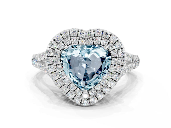 Platinum Heart Cut Aquamarine Double Halo Ring with Split Shank and Prong Setting