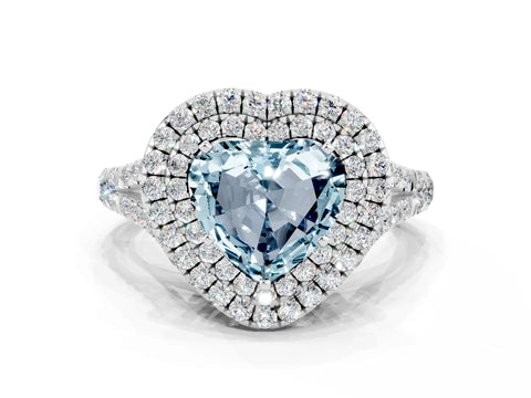 White gold Heart Cut Aquamarine Double Halo Ring with Split Shank and Prong Setting_12