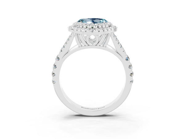 Platinum Heart Cut Aquamarine Double Halo Ring with Split Shank and Prong Setting