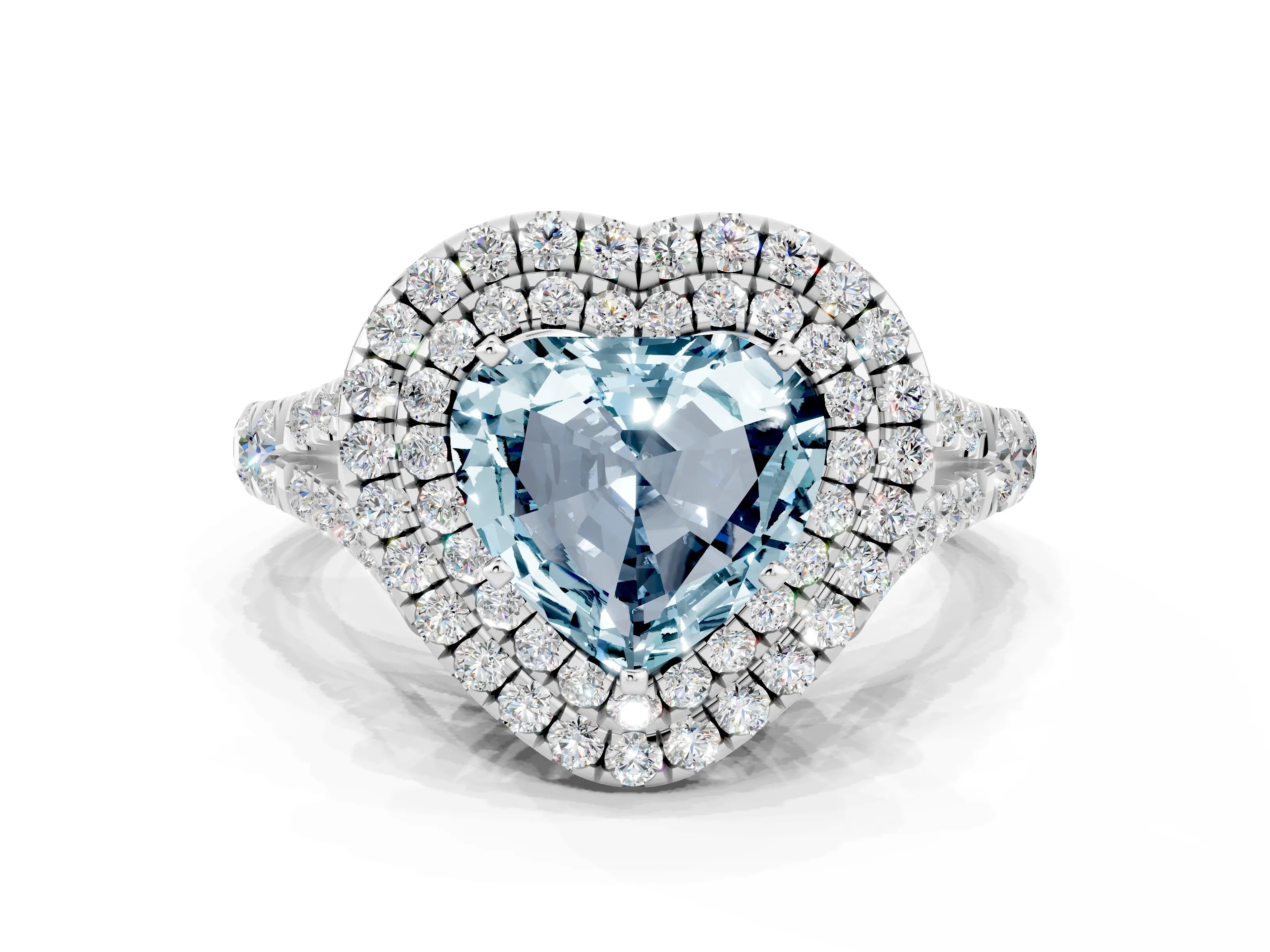 White gold Heart Cut Aquamarine Double Halo Ring with Split Shank and Prong Setting_24