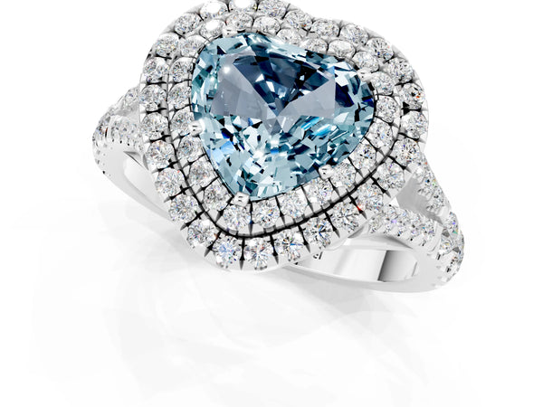 White gold Heart Cut Aquamarine Double Halo Ring with Split Shank and Prong Setting