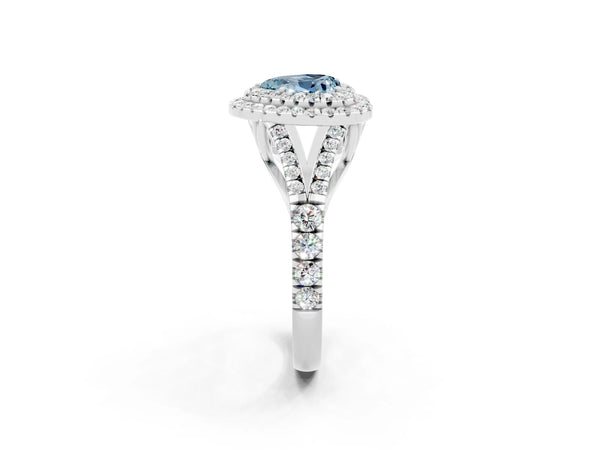 White gold Heart Cut Aquamarine Double Halo Ring with Split Shank and Prong Setting