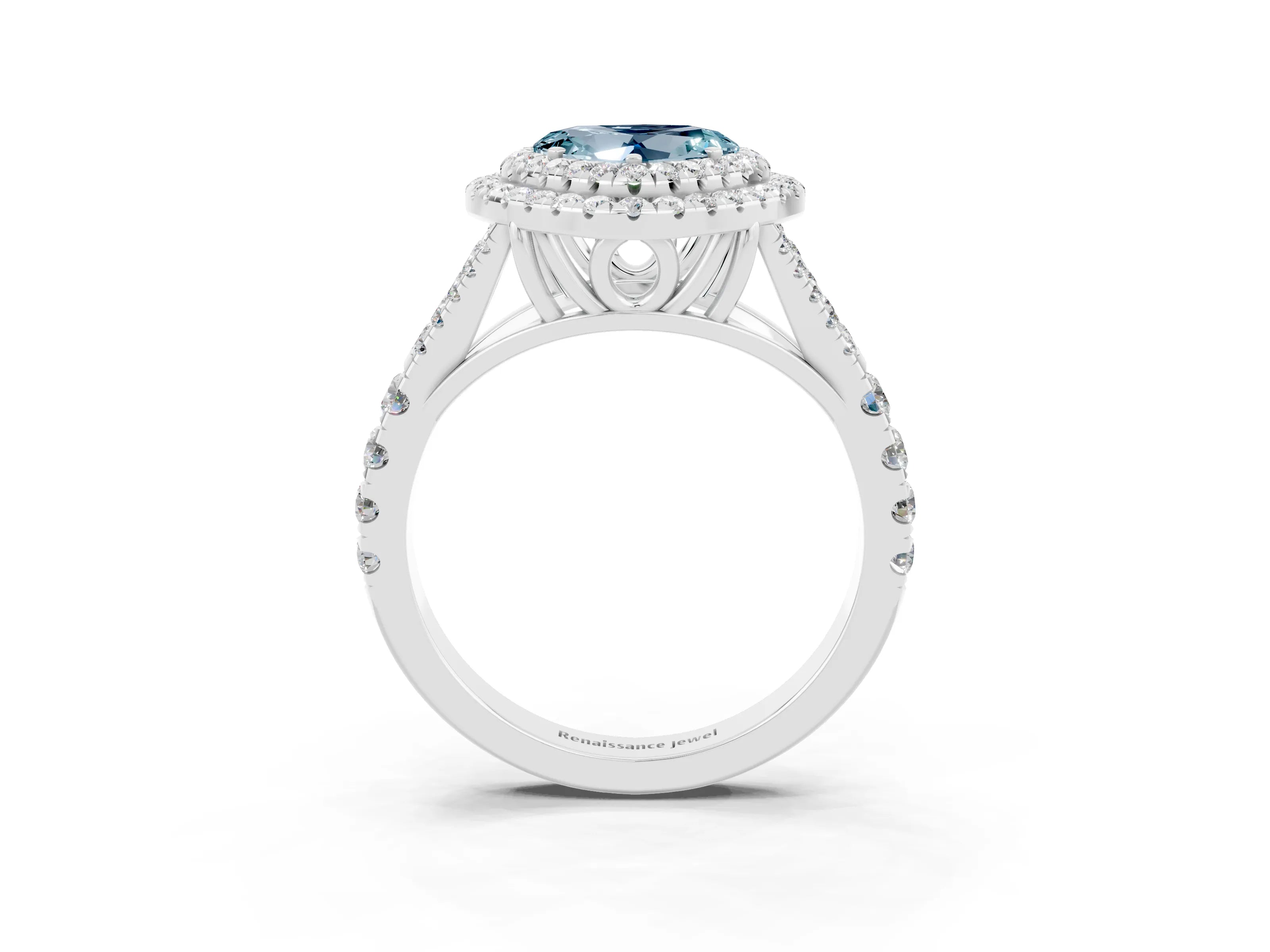 White gold Heart Cut Aquamarine Double Halo Ring with Split Shank and Prong Setting_27