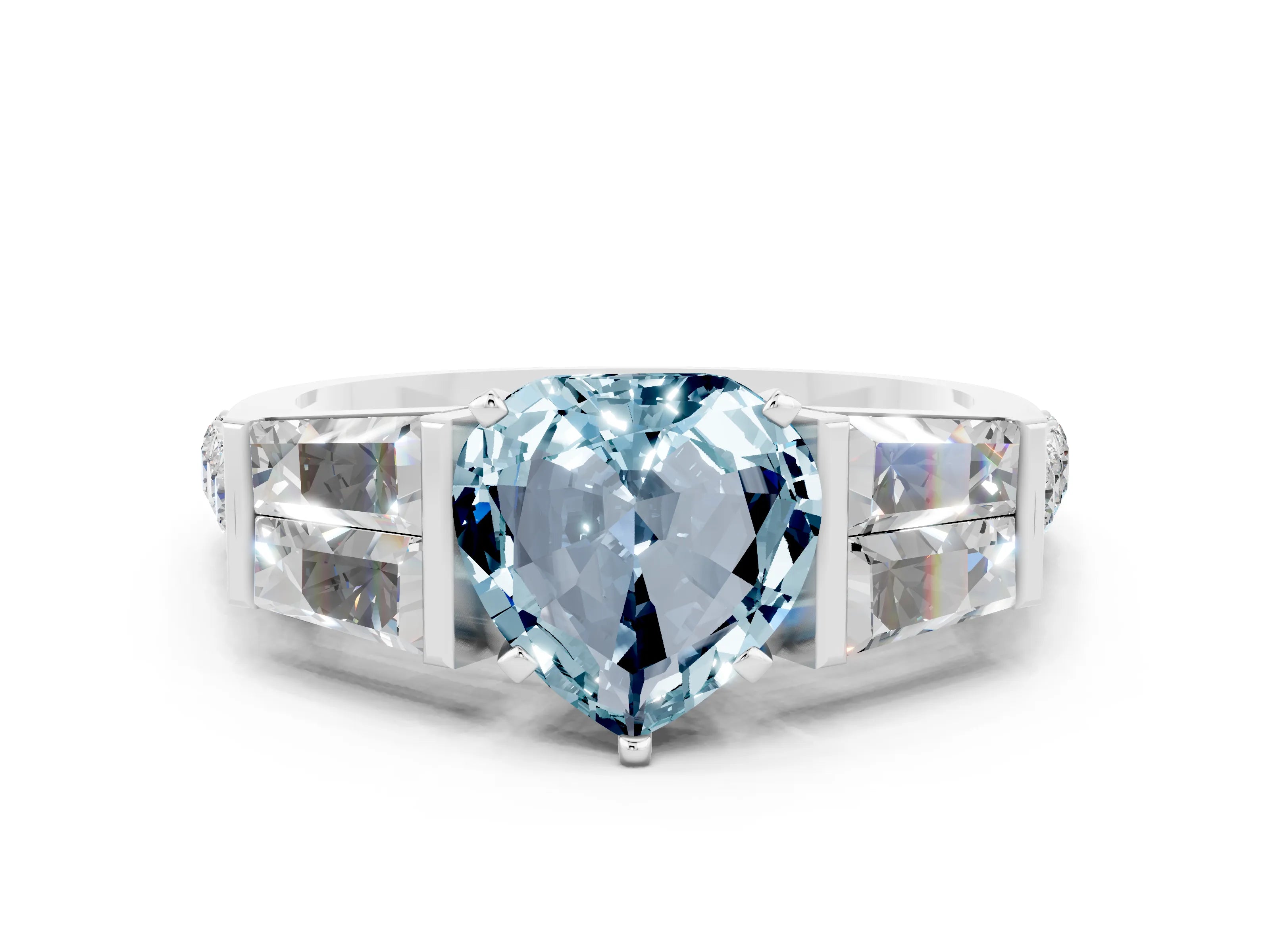 White gold Heart Cut Aquamarine Engagement Ring with Baguette Side Stones and Channel Set Band
