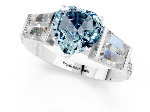 White gold Heart Cut Aquamarine Engagement Ring with Baguette Side Stones and Channel Set Band_1