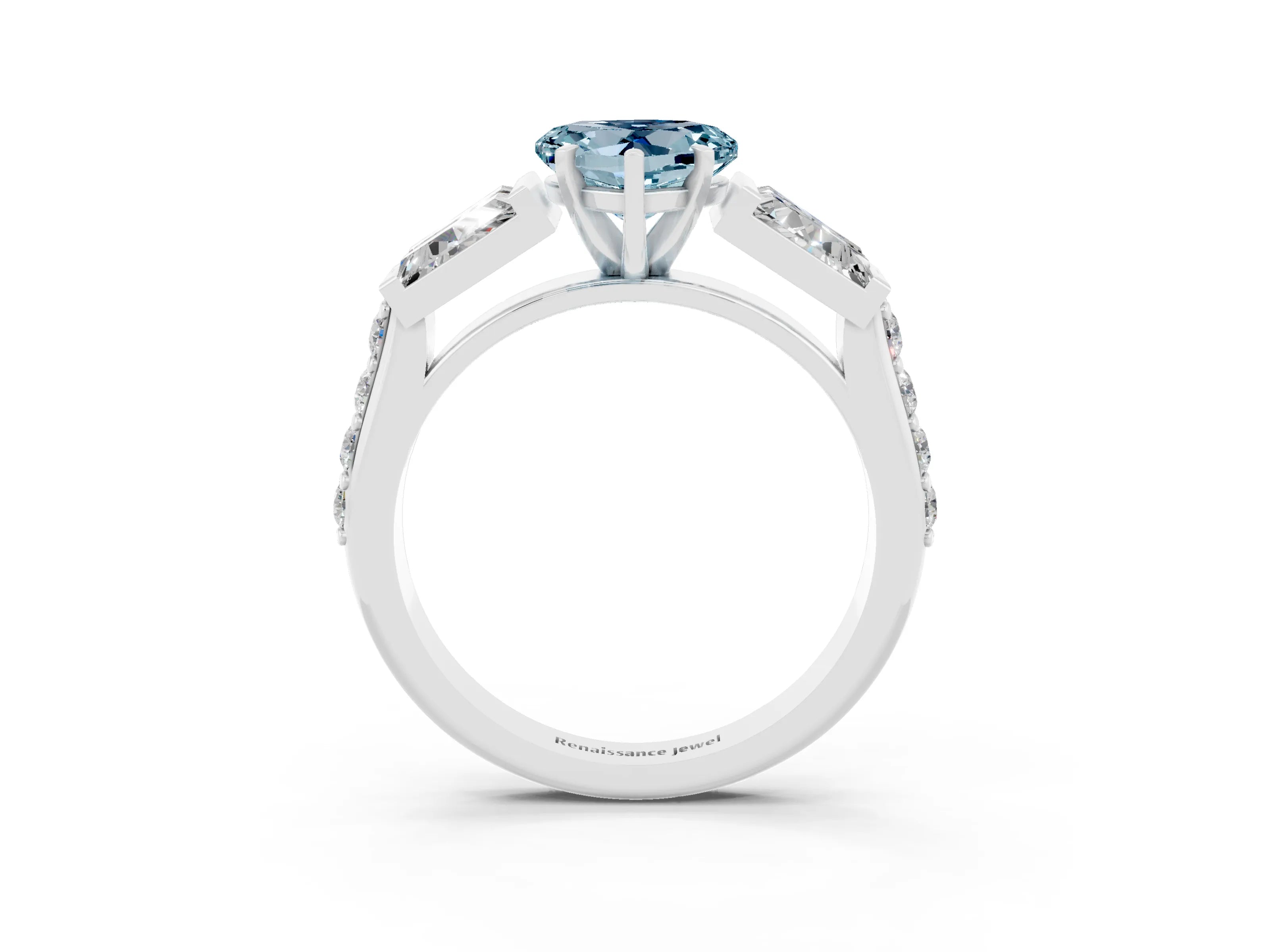 White gold Heart Cut Aquamarine Engagement Ring with Baguette Side Stones and Channel Set Band_3