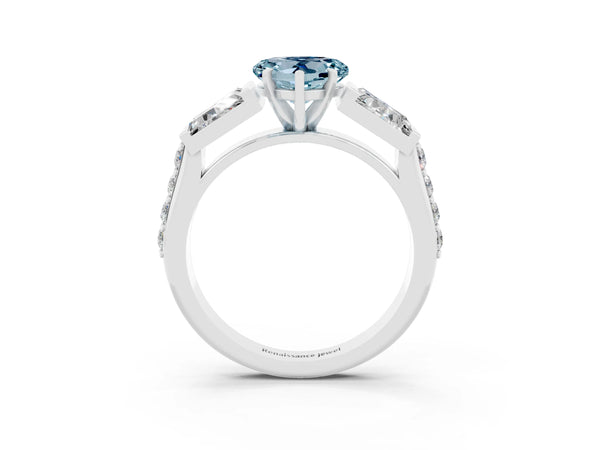 White gold Heart Cut Aquamarine Engagement Ring with Baguette Side Stones and Channel Set Band