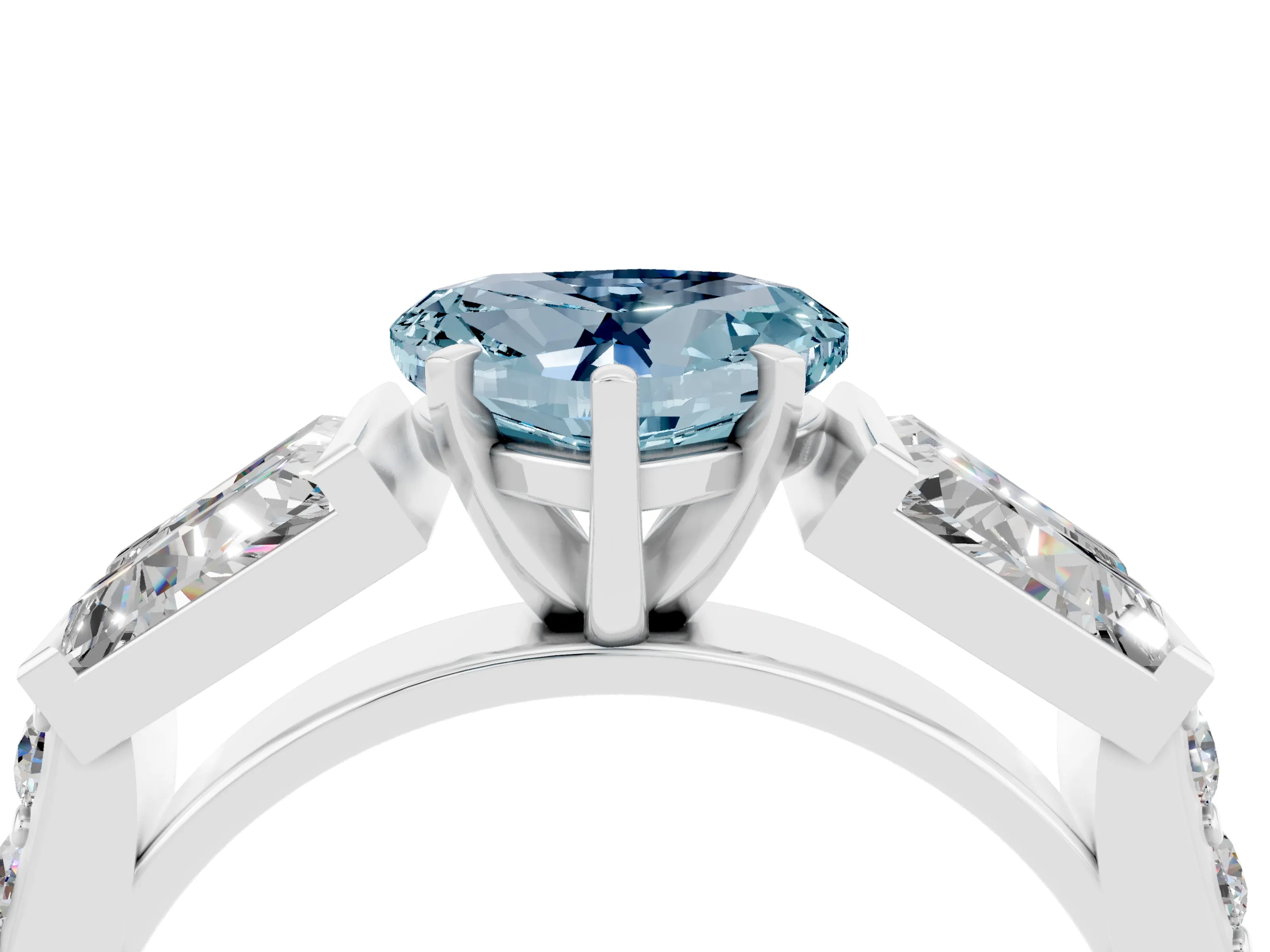 White gold Heart Cut Aquamarine Engagement Ring with Baguette Side Stones and Channel Set Band_4