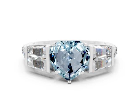White gold Heart Cut Aquamarine Engagement Ring with Baguette Side Stones and Channel Set Band
