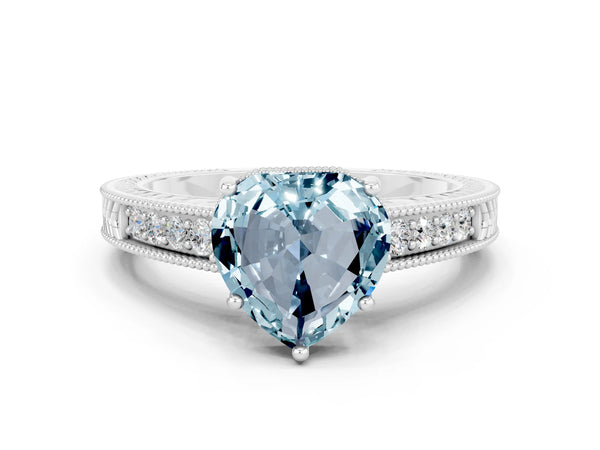 Platinum Heart Cut Aquamarine Engagement Ring with Milgrain Channel Set Band and Prong Setting