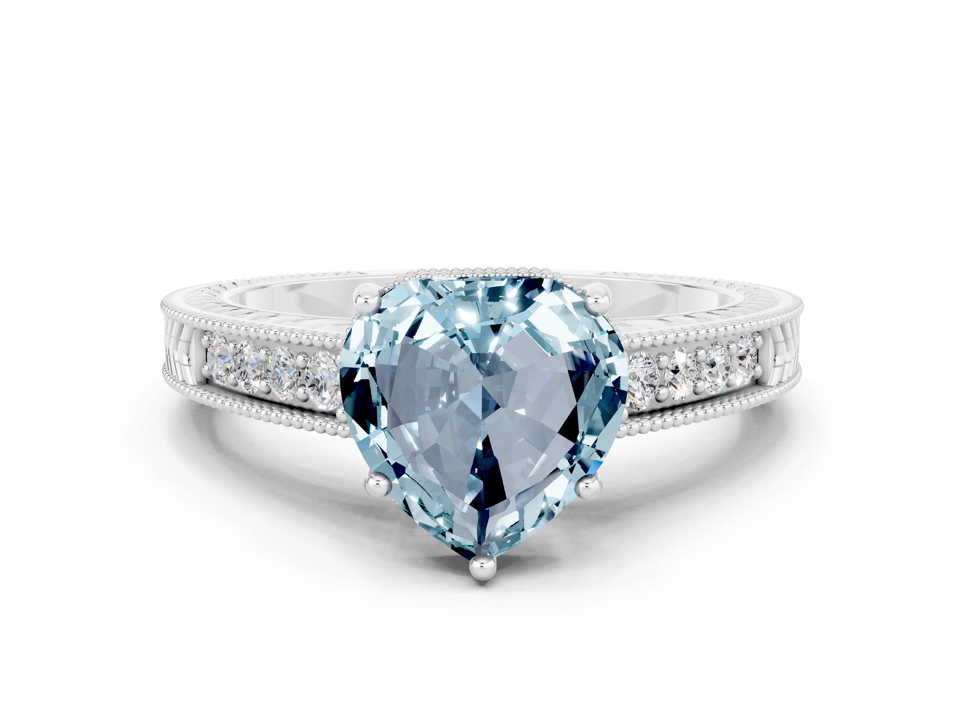 White gold Heart Cut Aquamarine Engagement Ring with Milgrain Channel Set Band and Prong Setting
