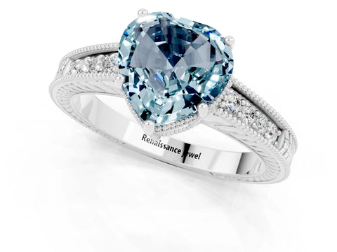 White gold Heart Cut Aquamarine Engagement Ring with Milgrain Channel Set Band and Prong Setting_1
