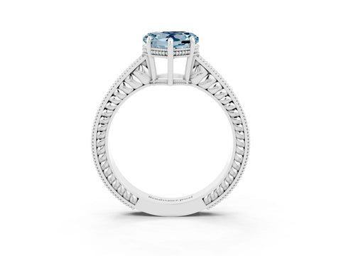 White gold Heart Cut Aquamarine Engagement Ring with Milgrain Channel Set Band and Prong Setting_3