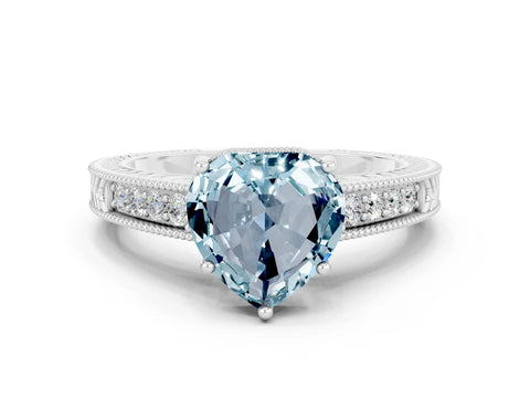 White gold Heart Cut Aquamarine Engagement Ring with Milgrain Channel Set Band and Prong Setting