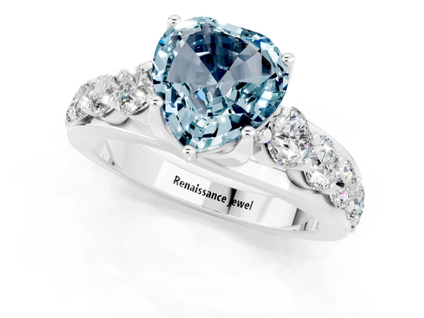 Platinum Heart Cut Aquamarine Engagement Ring with Pavé Band and Four-Prong Setting