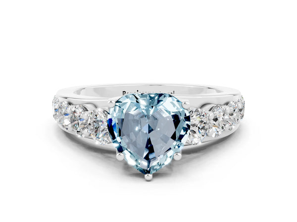 Silver Heart Cut Aquamarine Engagement Ring with Pavé Band and Four-Prong Setting