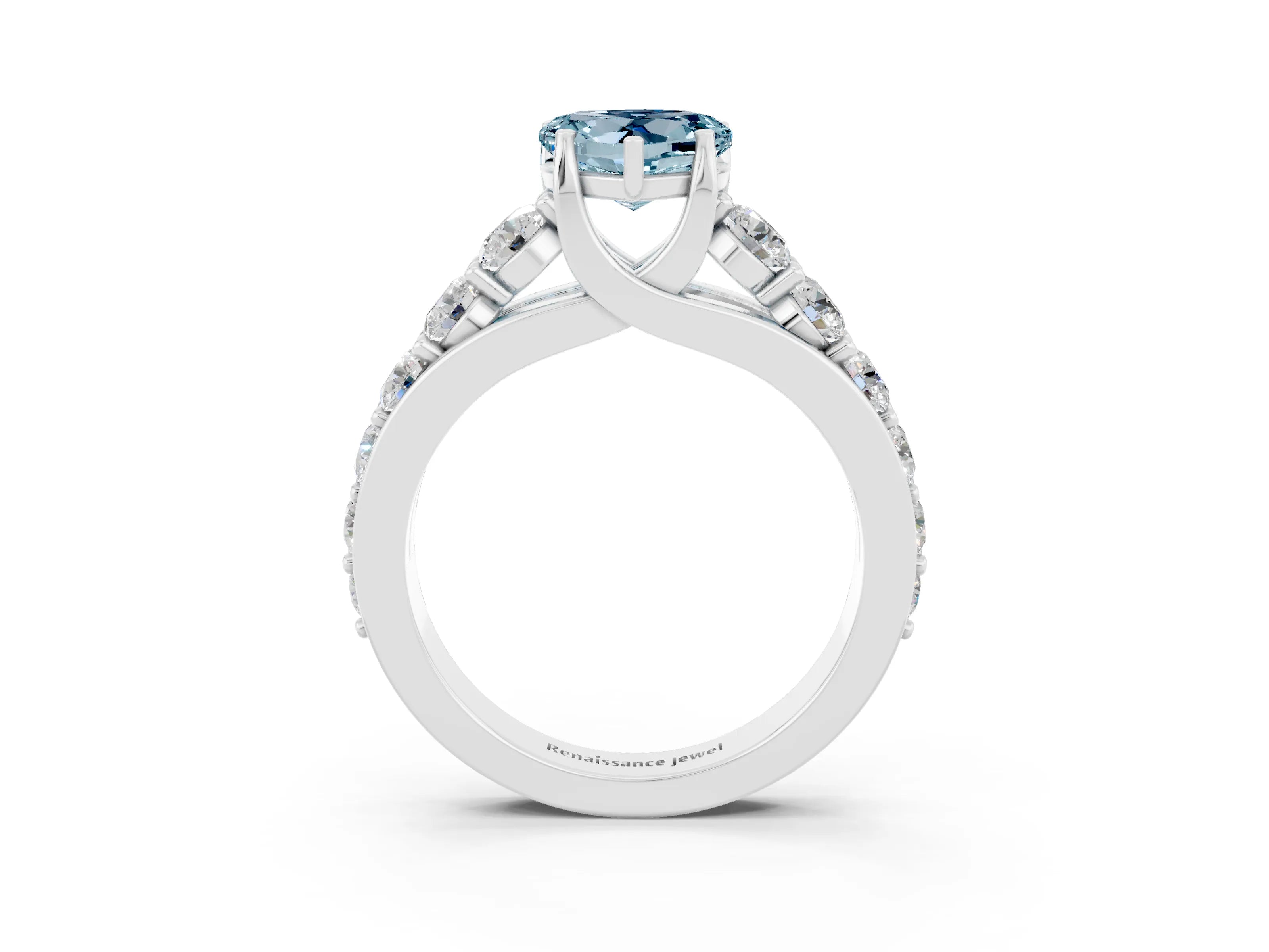 White gold Heart Cut Aquamarine Engagement Ring with Pavé Band and Four-Prong Setting_3