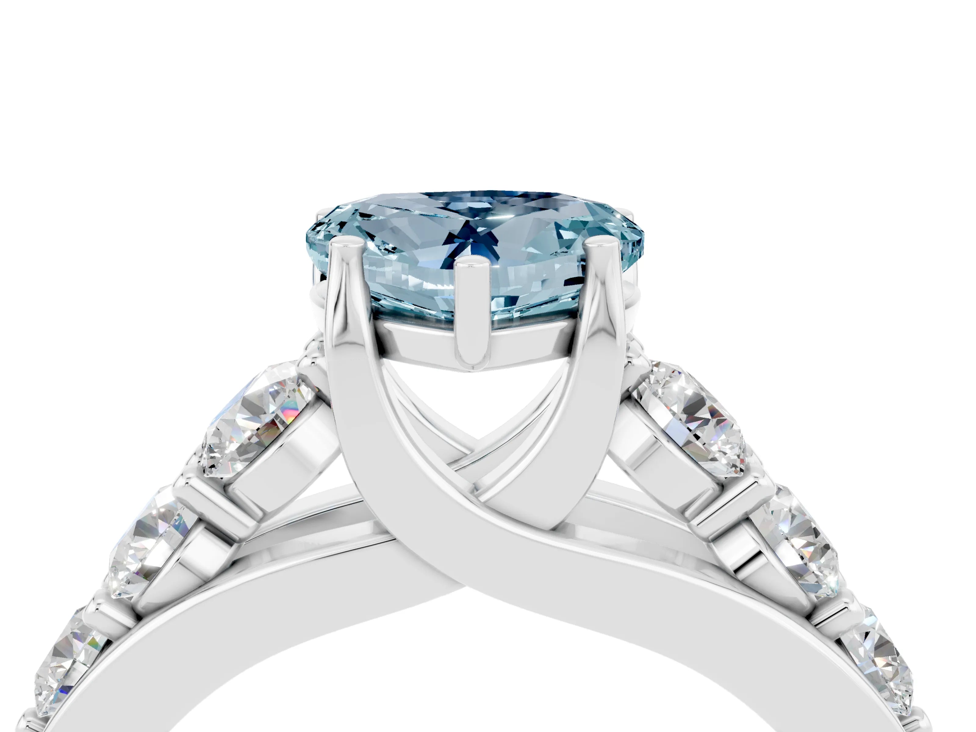 White gold Heart Cut Aquamarine Engagement Ring with Pavé Band and Four-Prong Setting_4