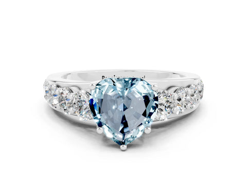 White gold Heart Cut Aquamarine Engagement Ring with Pavé Band and Four-Prong Setting