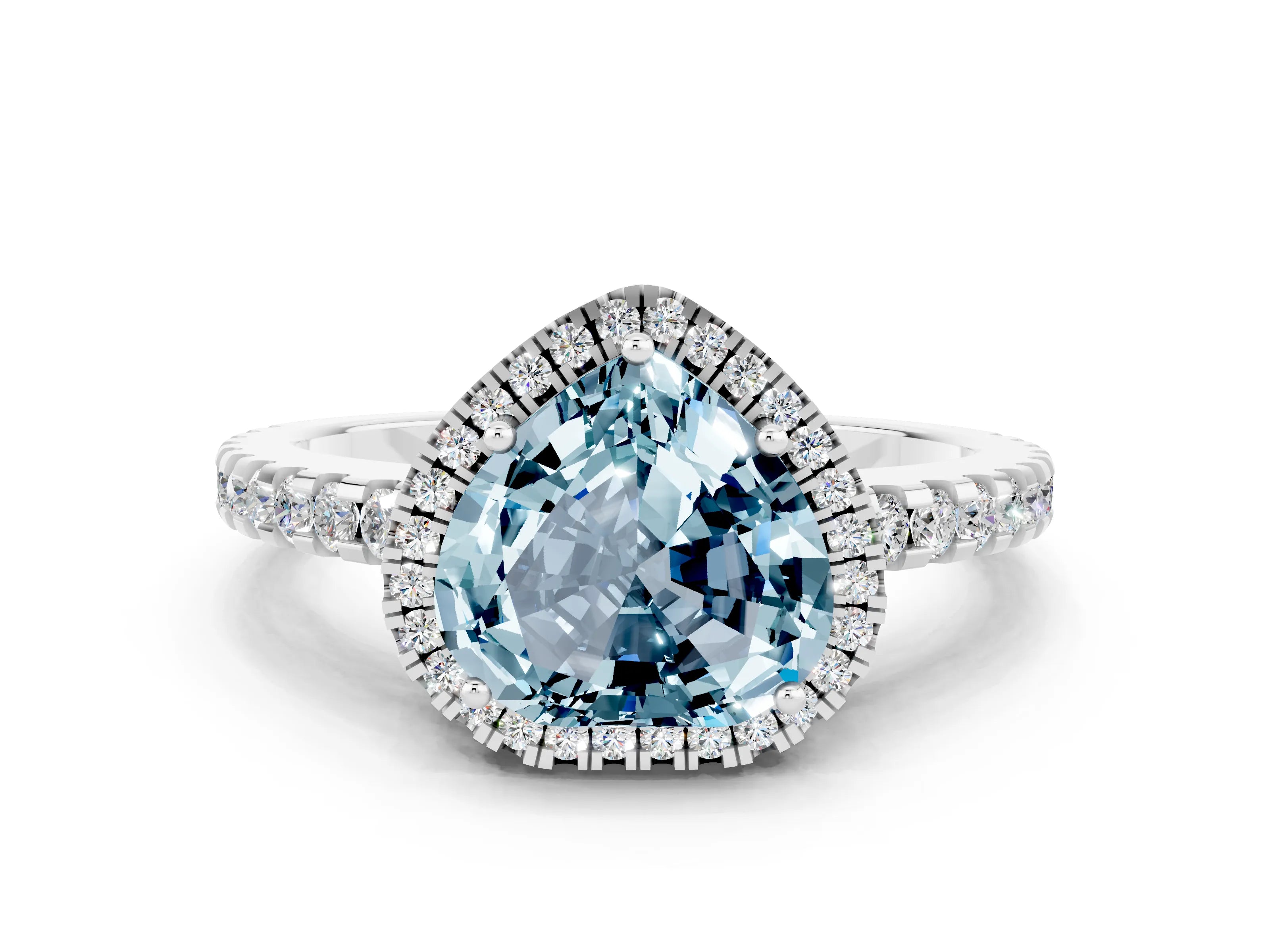 White gold Heart Cut Aquamarine Halo Engagement Ring with Pavé Band and Prong Setting_36