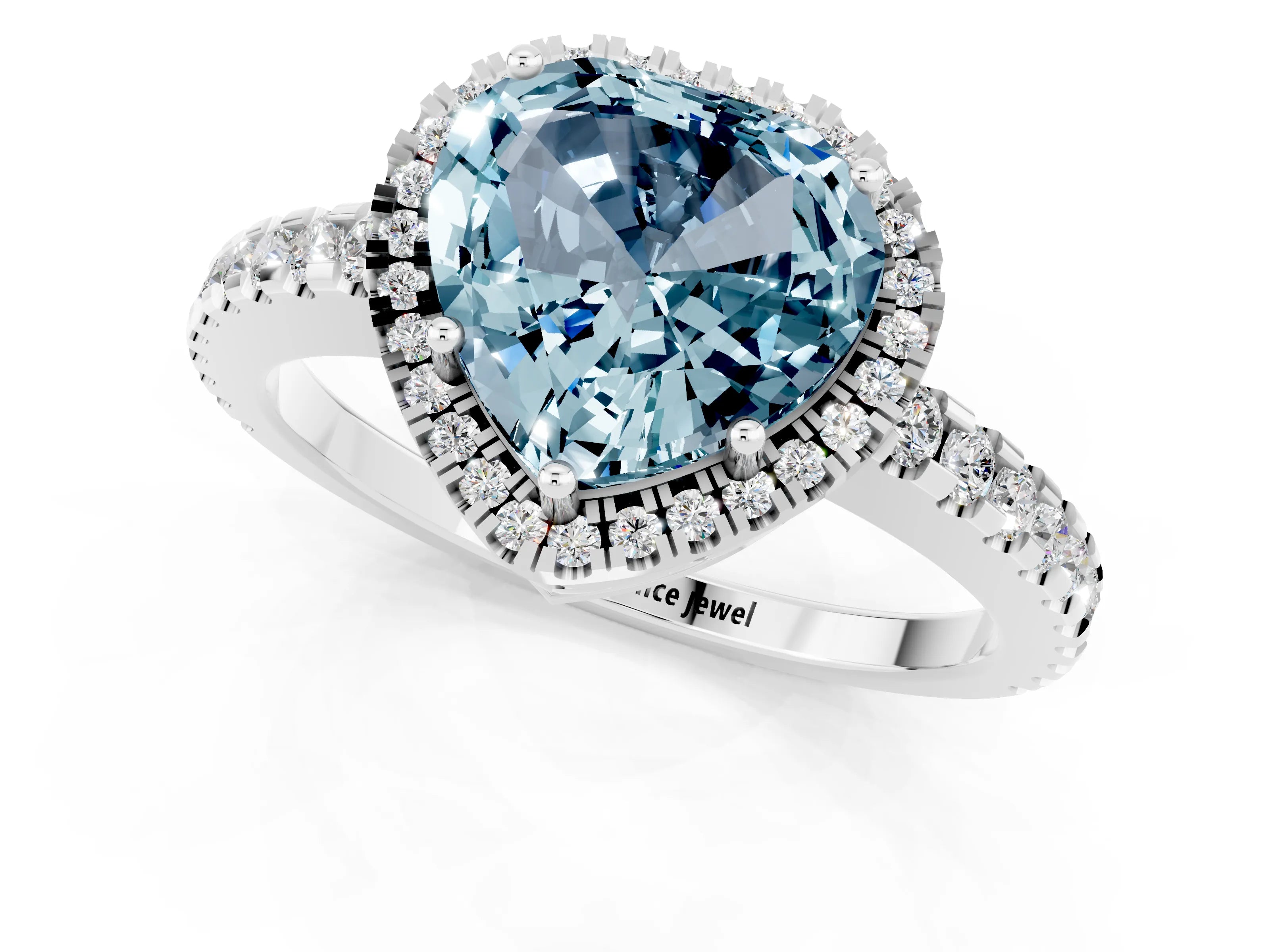 White gold Heart Cut Aquamarine Halo Engagement Ring with Pavé Band and Prong Setting_37