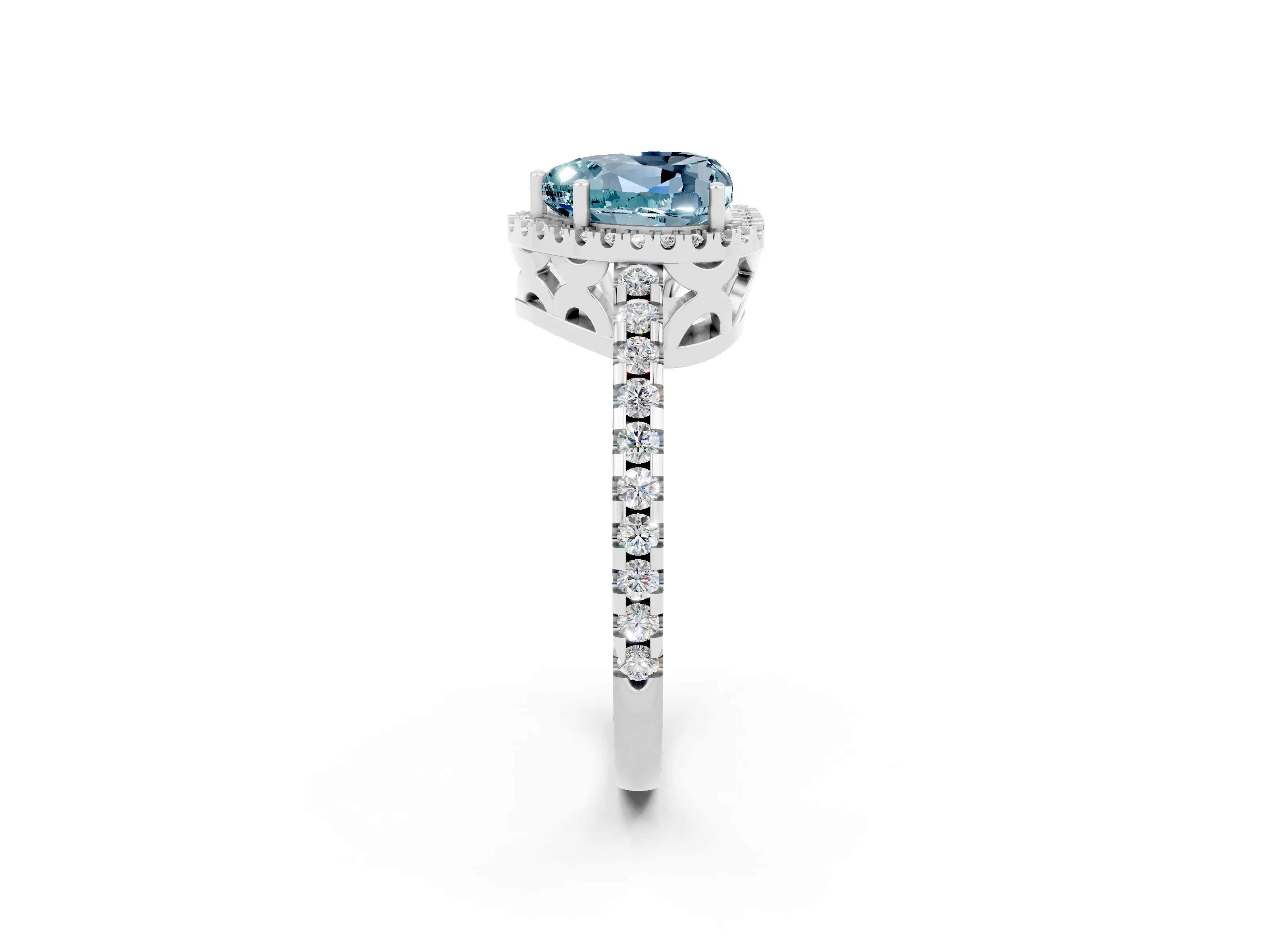 White gold Heart Cut Aquamarine Halo Engagement Ring with Pavé Band and Prong Setting_38