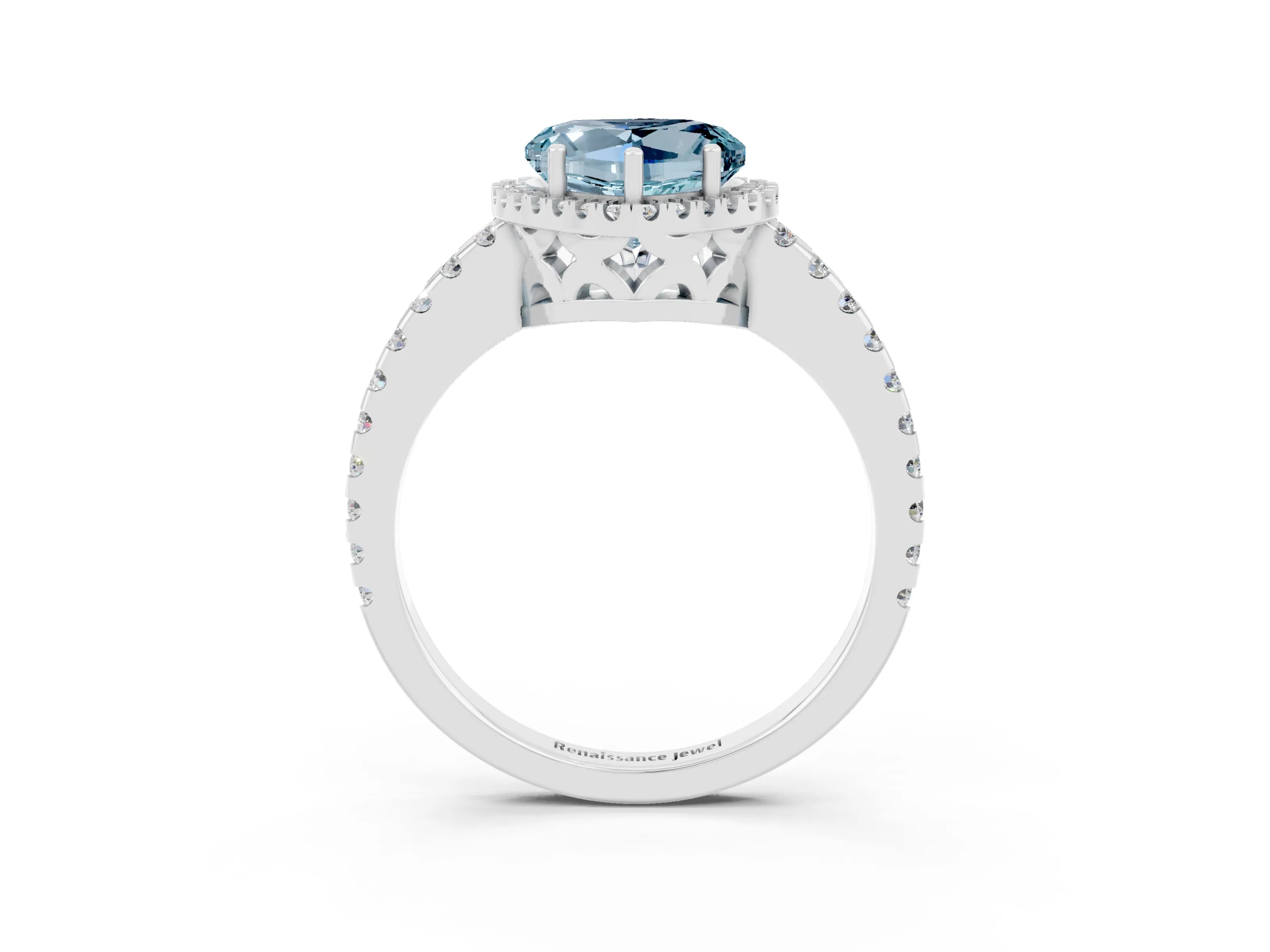 White gold Heart Cut Aquamarine Halo Engagement Ring with Pavé Band and Prong Setting_39