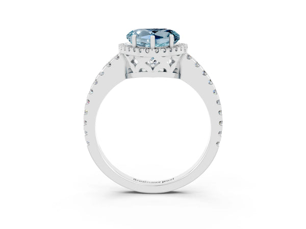 Platinum Heart Cut Aquamarine Halo Engagement Ring with Pavé Band and Prong Setting